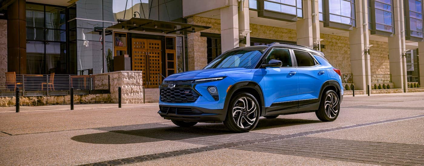 A blue 2024 Chevy Trailblazer RS is shown from the front at an angle.